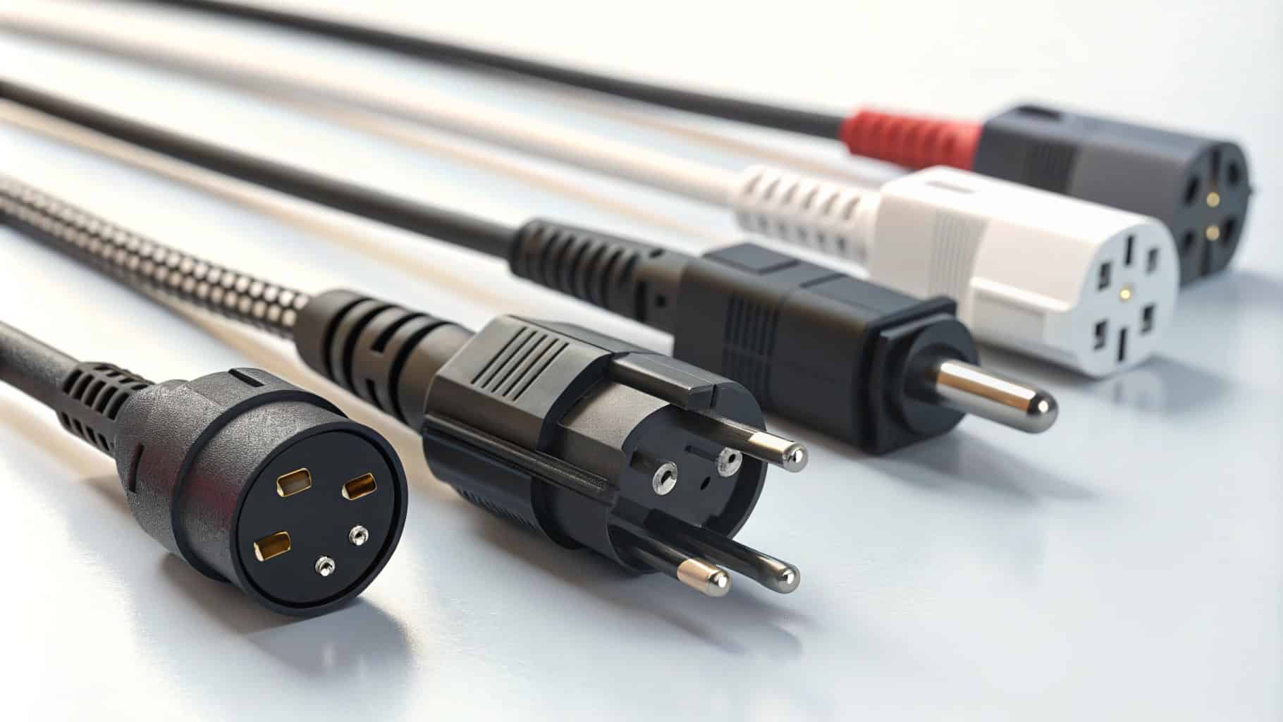Close-up of various power plug types, including European and American designs.