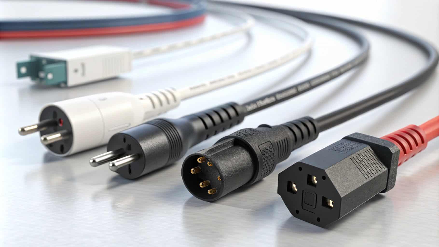 Assorted plug connectors in red, blue, black, and white, aligned on a reflective surface.